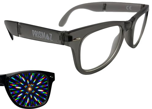 PRISMAZ Faltbare Beugungsbrille Für Fantastische Regenbogen Kaleidoskop Effekte - Als Festival Rave Feuerwerk Party Accessoire (Matt Transparent Grau)