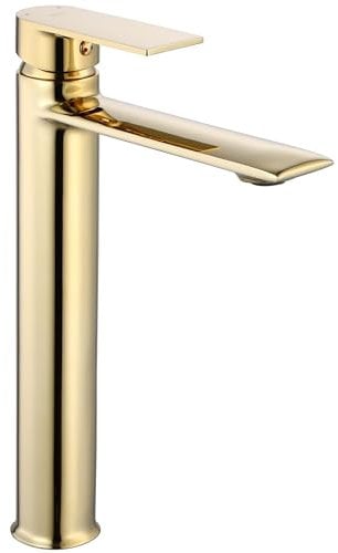 Rea Waschtischarmatur VENETA GOLD HIGH Wasserhahn Bad Badarmatur aus Messing Armatur für Waschbecken Badezimmer Mischbatterie Waschbecken Einhebel (Gold)