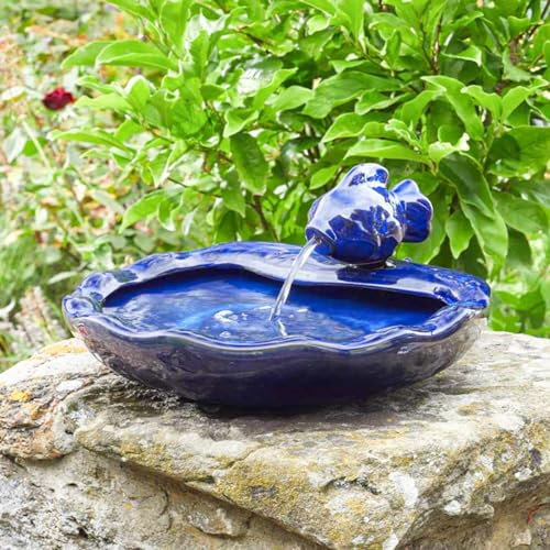 Festive Lights Fontaine de jardin solaire en céramique de 37 cm avec finition bleue émaillée – Fontaine de jardin extérieure, IP44, résistante aux intempéries – Autonome, installation facile, câble de