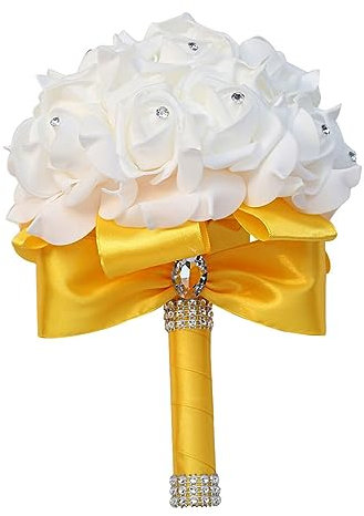SUIOPPYUW Pflegeleichter Brautstrauß mit wunderschönen künstlichen Blumen. Eleganter und romantischer Blumen Brautstrauß für die Hochzeit, Goldenes Band