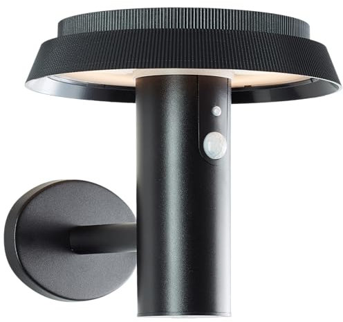 Lightbox LED Außenwandlampe mit Solar-Paneel & Bewegungsmelder & IP44 & 500 lm - schwarze Outdoor Wandleuchte - 21 x 20 x 18 cm - für den Hauseingang - aus Metall/Kunststoff