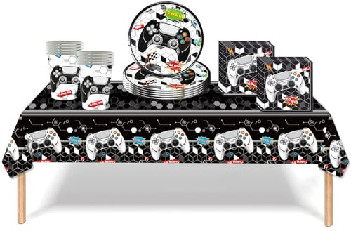 41Pcs Video Game Birthday Decorations Set - Black White Boys Gamer Gaming Controller Table Cloth, Paper Plates, Napkins, Cups for Him - Party Table Decor