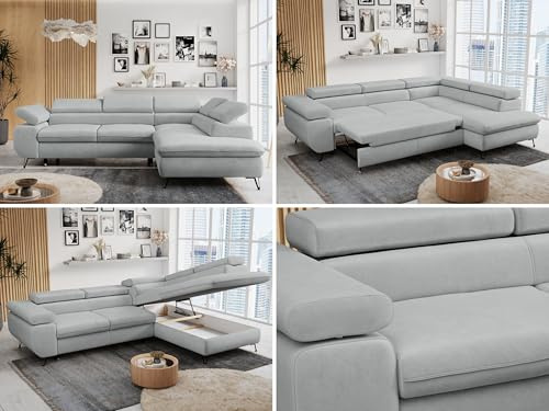 MKS MEBLE Ecksofa Wohnlandschaft L-Form mit Schlaffunktion und Bettkasten, Schlafsofa mit Bettkasten, Sofa mit Einstellbare Kopfstützen, Peter L - Velvet (Paros) - Rechts Hellgrau
