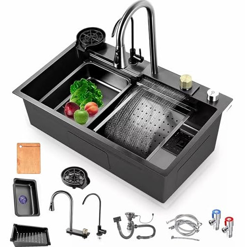 Fregadero Cocina Fregadero Cascada de Acero Inoxidable Fregadero ocina Multifuncional Gris oscuro 1 seno Con juego completo de accesorios, Adecuado para bar, balcón, cocina y otras escenas (68*45cm)