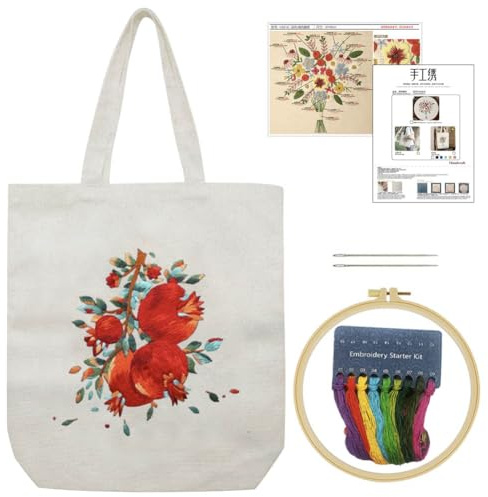 KABAKE Kits de bordado para principiantes con bolsa de lona, kit de bordado para manualidades artísticas DIY, incluye bolsa de bordado estampada, hilos, herramientas de bordado (Bolsa beige con