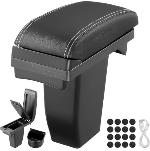 GEARCELL Car Armrest Storage Box with 3 USB Charging Ports fit for Peugeot 2008 2013-2019, Double Layer Central Console Storage Box, PU Leather Storage Armrest Box(Black)