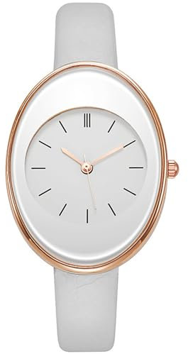 JewelryWe Damenuhr Leder Ovale Uhr: Damen Kleine Analog Quarz Armbanduhr Frauen Weiß Schmales Lederarmband Ultradünne Lässige Uhr mit Ovalem Gehäuse