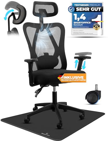 SMARTOFFICE, Smart Seat Bürostuhl Ergonomisch Schreibtischstuhl (Bodenschutzmatte) Büro Stuhl 150Kg,Computerstuhl Office Chair, Drehstuhl, höhenverstellbar & rückenschonend, Kopfstützte & Armlehne
