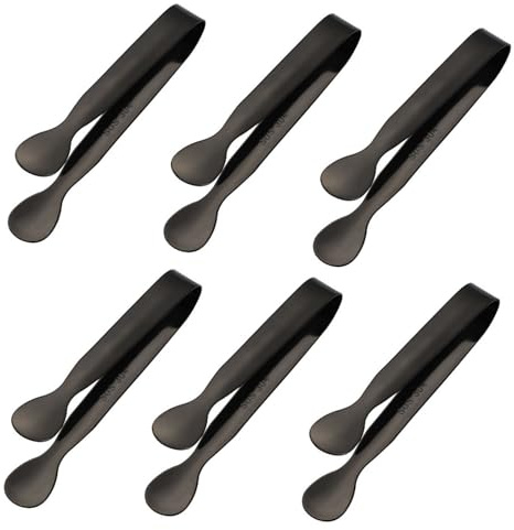 6er Set Edelstahl Zuckerzange Eiszange CandyBar Eiswürfelzange Vorspeisen Zangen Klein Servierzange für Zucker, Eiswürfel, Salat, Party Kaffee Bar Küche (Schwarz)