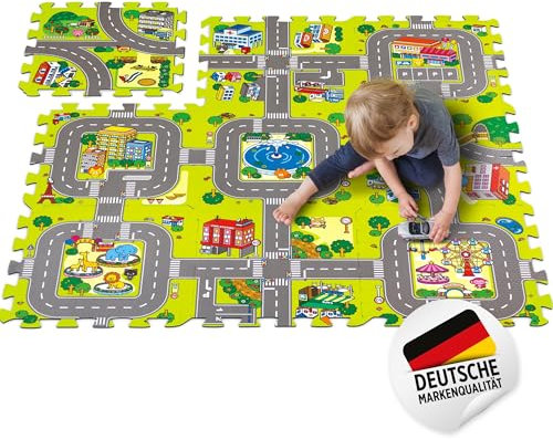 Home Kids World Puzzlematte Straße 90x90 cm - Rutschfester Spielteppich Autoteppich für Kinder - Indoor & Outdoor Spielteppich Straße - Abwischbare Puzzlematte