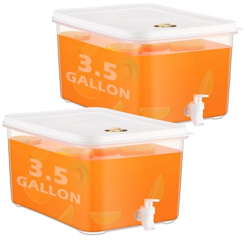Domensi 2 Pack 3.5 Gallon Drink Dispenser for Fridge with Spigot Water Dispenser Leak Proof Lids Filter Screen Beverage Juice Container Sealed Plastic Lemonade Milk Cold Hot Drink Tea Jug for Party