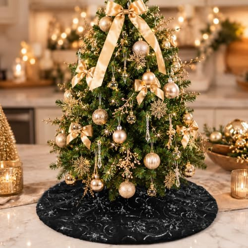 Deggodech 60cm Black Plush Christmas Tree Skirt, Mini Faux Fur Xmas Tree Base Cover Mat with Silver Sequin for Christmas New Year Decor - 24