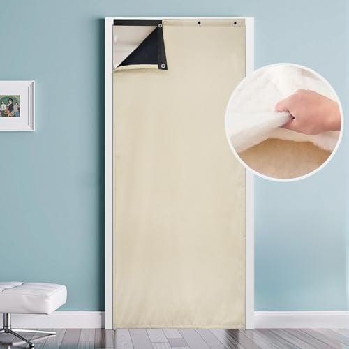 Thermal Insulated Door Curtain Winter Eyelet Doorway Cover Panel Windproof Warm Cold Protection Oxford Cloth Thicken Cotton Fiber Drapes for Living Room Garage Bedroom, Beige 100x210cm（W39*L83 in）