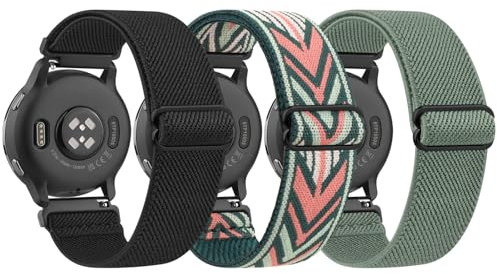Amzpas 3 Stück Armband für Garmin Vivoactive 5/Vivoactive 3/Vivomove 3/HR/Luxe/Style,Nylon 20mm Verstellbares Elastisches Ersatzarmbänder für Garmin Forerunner 55/245/645 (Schwarz/Grüner/Grün)
