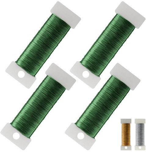 Alambre fino para manualidades, 4 unidades, 0,35 mm x 50 m, alambre de flores verde de hierro galvanizado resistente, no se rompe fácilmente y no se oxida, alambre de flores para floristería