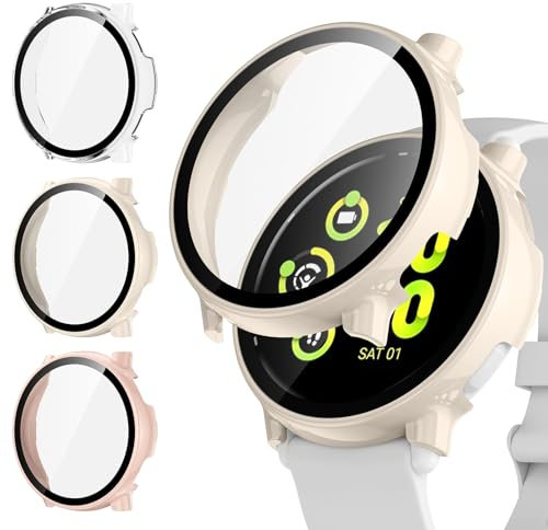 [3Pièces]Kamita Coque Compatible avec Garmin Vivoactive 5, Étui de Protection Complet avec Protecteur d'écran en Verre Trempé, Antichoc Dur PC Bumper Case pour Garmin Vivo Active 5 (Clair+Rose+Blanc)