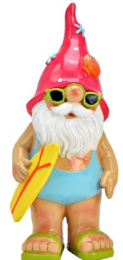 meindekoartikel Cooler Urlaubsgartenzwerg aus Poly Gartenzwerg Urlaubszwerg im Sommer mit Sonnenbrille B13xH24xT8cm (mit Surfbrett)