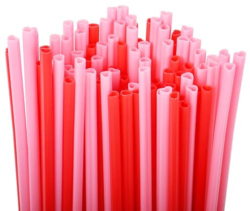 Dmnnlp 100 Pcs Reusable Plastic Straws, Heart Shaped Cocktail Drinking Straws for Home Bars Cafes Restaurants Weddings Hen Parties (Pink and Red)