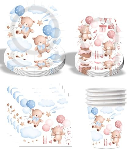 Juego de vajilla de fiesta, vajilla de fiesta, accesorios de fiesta, decoración de cumpleaños infantil, decoración de cumpleaños infantil, mesa de cumpleaños para niños, niñas, niños (oso pequeño)