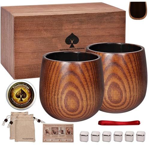Tinnberlohas Charred Wooden Whiskey Glass Gift Set of 2 with Wood Gift Box | Durable & Insulated Bourbon Glass for Birthday, Christmas, Father's Day - Ideal Whisky Gift for Men, Dad, Husband, Brother