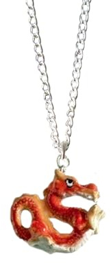 Luck Trader Collier pendentif dragon chinois porte-bonheur en porcelaine émaillée rouge et orange, chaîne argentée de 61 cm