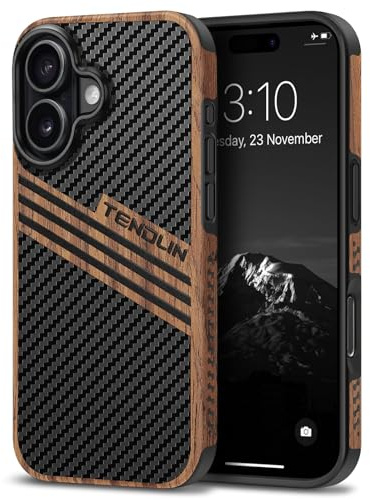 TENDLIN Coque Compatible avec iPhone 17 (Stripes) | Etui Hybride en Bois et Carbone et Cuir Compatible avec iPhone 17