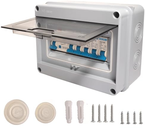 Shengbowi Consumer Unit Breaker 4 Way IP65 Waterproof Circuit Breaker Panel | Anti-Leakage Fuse Box, 40A 30mA RCD, 2x6A+10A+20A+32A MCB for Garage, Caravans,Outdoor Electric Power Distribution Protection
