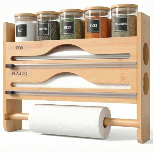 SOONHUA Distributeur Papier Aluminium Film 4 en 1 Bois Cuisine | Porte rouleau avec lames intégrées pour film alimentaire, essuie-tout et épices, idéal pour organiser la cuisine