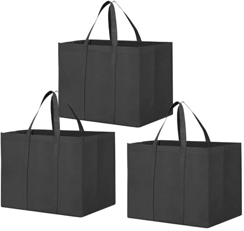 Hiuyavy Reusable Grocery Bags, 3 Pack Large Reusable Tote Bags, Black Shopping Bags, Foldable with Handles for Daily Life, Picnic, Camping