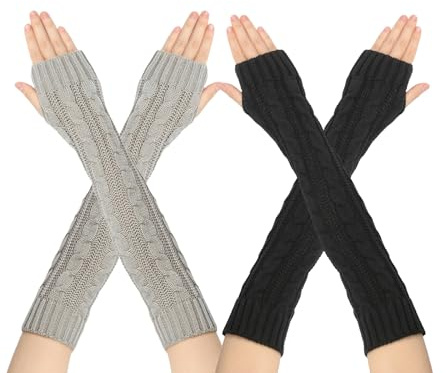 LUFFLOK 2 Paar Lange Armstulpen Strick Halb Fingerlose Handschuhe Pulswärmer für Damen Mädchen Winterwarme Touchscreen Handschuhe ohne Fingerkuppen Winter Armwärmer