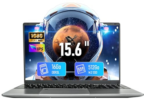 unbholkk Laptop 15,6 Zoll, 16 GB RAM 512 GB SSD Celeron 5205U, Große Autonomie 180° Bildschirm IPS, Notebook Win 11 mit WiFi5 BT USB3.0 für Büro Student Freizeit