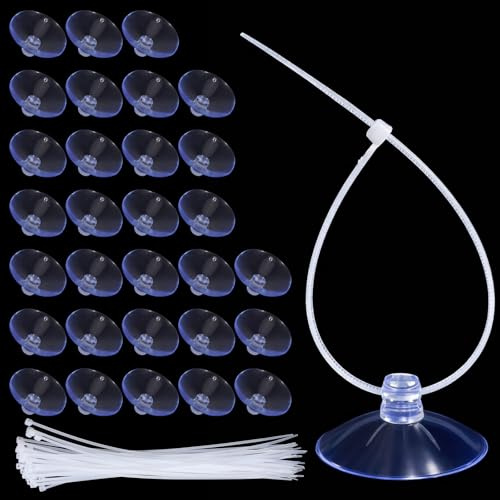 Aquarium Suction Cups 30PCS Aquarium Plant Holder 35mm Small Suction Cup | with 50PCS Adjustable Transparent Zip Ties Fish Tank Small Sea Sucker Suction-Cup for Plants, Planter, Binding Moss, Window