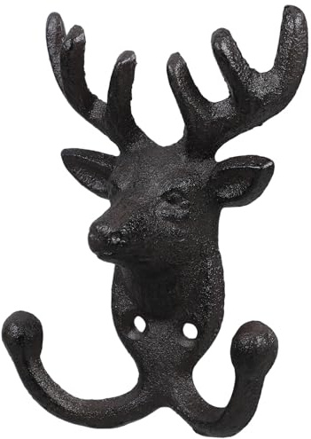 Hemobllo Hirschkopf Wandhaken aus Gusseisen mit Zwei Haken Dekorativer Kleider und Schlüsselhalter im Landhausstil Stabile Wandbefestigung für Zuhause