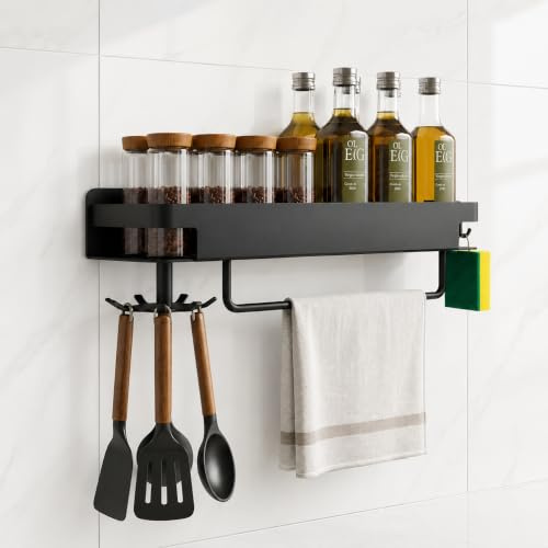 Frekibaz Gewürzregal Ohne Bohren Wand Mit 360°Drehbar, 39cm Schwarz | Halterung Spice Rack, Wandregal küche, Küchenregal hängend
