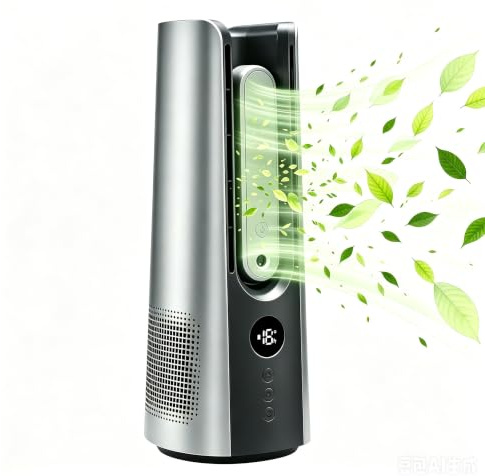 GAOCUNBING Ventilatore a torre senza pale, tempo 9H, oscillazione 60°, con timer nebulizzatore 400 ml, raffreddamento ad aria silenzioso, per casa e ufficio, grigio