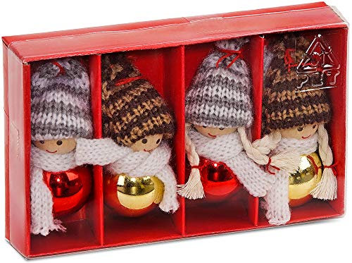 BRUBAKER Set da 4 pezzi di gnomi natalizi in legno dotati di ciondoli per il fissaggio all'albero - addobbo natalizio 8 cm in confezione regalo