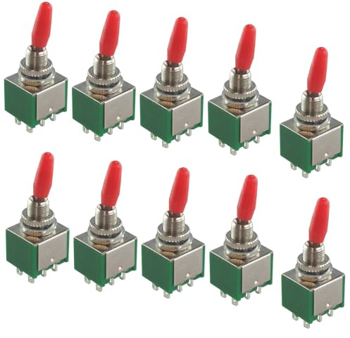 WITTKOWARE Miniatur-Kippschalter mit Lötösen und rotem Kipphebel, 2-polig, EIN-EIN, 2A/250V, Packung mit 10 Stück