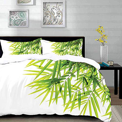 parure de lit adulte,housse de couette,Bambou,Icône Illustration Feuille de bambou pour le bien-être Santé Impression d'art tranquil,1 Housse de couette 220 x 240 cm + 2 Taies d'Oreillers 63 x 63 CM