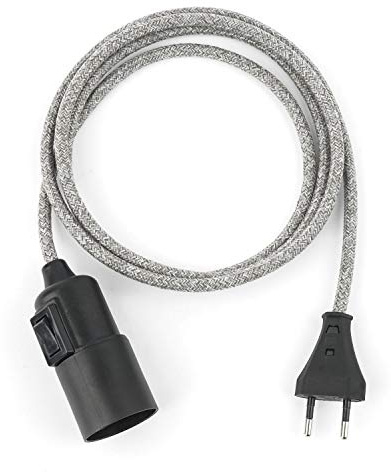 3m Plug-In Lampe GRAU-MELANGE, Textilkabel mit Lampenfassung aus Thermoplast (Glattmantel) mit Schalter und Eurostecker