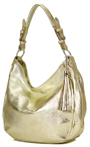 modamoda de T200 Damen Leder Schultertasche Henkeltasche handmade in Italy, Farbe:Lightgold Metallic
