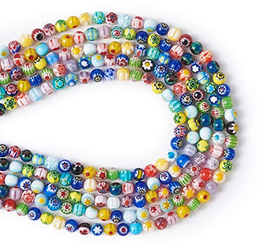 PandaHall - 5 hebras de cuentas redondas de cristal Millefiori hechas a mano de 6 mm con una sola flor para hacer joyas, colores mezclados al azar