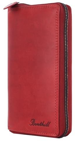 Benthill Geldbörse Groß Leder - XL Portemonnaie mit RFID-Schutz - Großes Portmonee mit vielen Kartenfächern - Reißverschluss Geldtasche inkl. Geschenkbox, Farbe:Rot