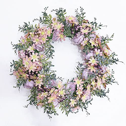 HAOSHICS Artificial Flower Hanging Wreath, Faux Garland Front Door Wreath,Artificial Wreath for Door Wedding, Party, Home, Wall, Window Decor (Pink Daisy)