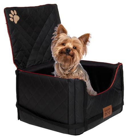 Golden Dog - Transportbox Hund mit Sicherheitsgurt S-45x35x33 cm - Leder Imitation Autositz Hund, Wasserdicht Hundesitz Auto - Beifahrersitz Hundebox Faltbar - Anschnallgurt Hundekorb Auto, Schwarz
