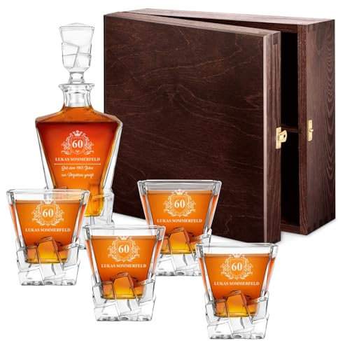 Maverton 950 ml Whiskey Karaffe + 2/4 / 6er Whiskygläser Set mit Gravur - Whisky Dekanter - Weihnachtsgeschenke - luxuriöses Design - Kristallglas - für Männer zum Geburtstag - Krone