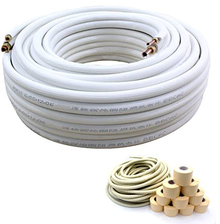 Set di prolunga per tubi in rame per aria condizionata, tubi in rame da 1/4 e 1/2 PE addensato per mini impianti di riscaldamento e CA split isolati per refrigerante HVAC (1/4 + 1/2 con dadi)