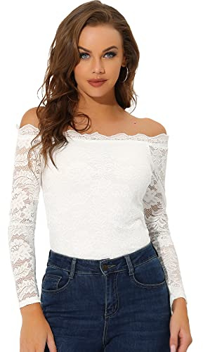 Allegra K Damen Off Shoulder Spitzenbluse Schulterfrei Spitze Oberteil
