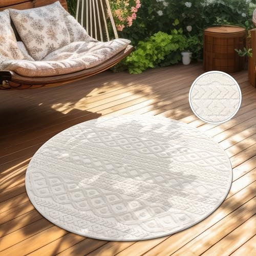 Paco Home Teppich In- & Outdoor, Moderne abstrakte Boho Designs mit 3D Struktur, robust & wetterfest, ideal für Terrasse Wohnzimmer & Küche, Grösse:200 cm Rund, Farbe:Creme 4