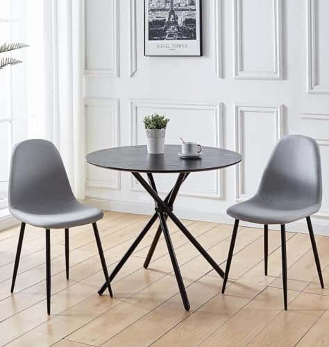 Hallowood Furniture Cullompton 90cm Round Dining Table and Chairs Set 2 | Wooden Effect Top Small Black Kitchen Table and Grey Fabric Chairs with Black Metal Legs, Dining Room Sets for Home and Cafe