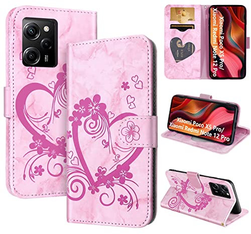 Handyhülle für Xiaomi Poco X5 Pro/Xiaomi Redmi Note 12 Pro 5G Hülle Tasche PU Leder Flip Case Brieftasche Klapphülle Handytasche Case Schutzhülle für Redmi Note 12 Pro/ Xiaomi Poco X5 Pro, Rosa